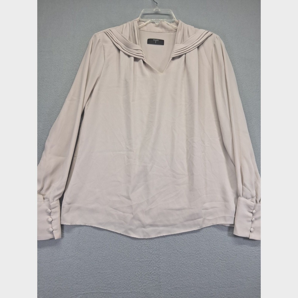 Tahari Womens Light Gray Pleated Sailor Collar V-Neck Long Sleeve Blouse Top